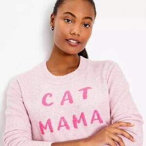 Loft “CAT MAMA” Wool Blend Soft Cozy Pink Crewneck Sweater Size Medium